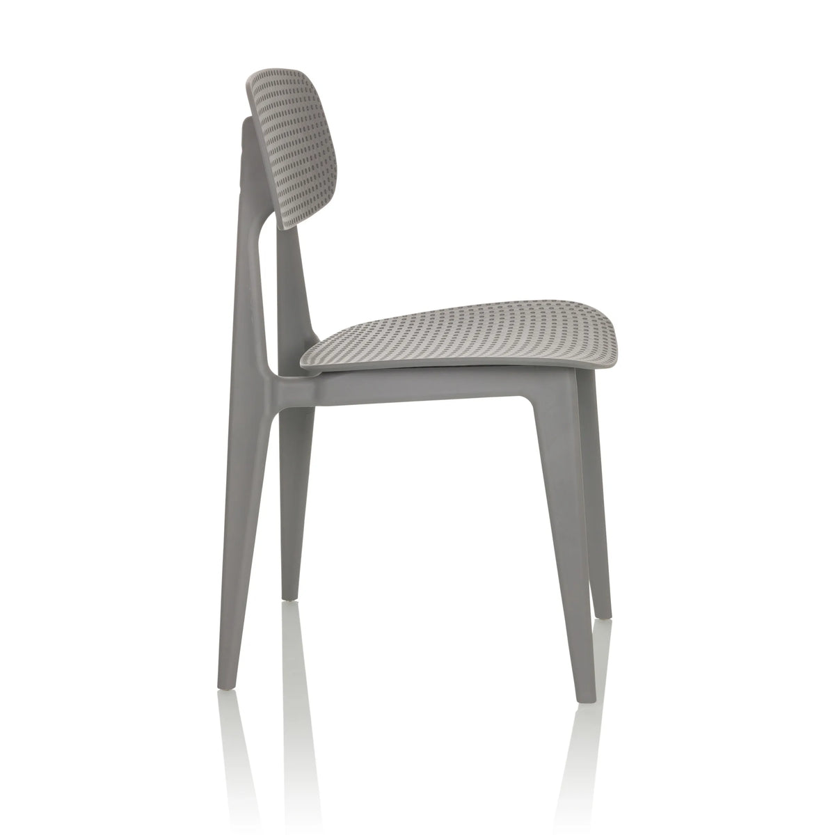 Chaise d'extérieur grise ARTIFO HOL avec dossier et assise perforés de hjh OFFICE – vue à 360° (vue de profil 75°)