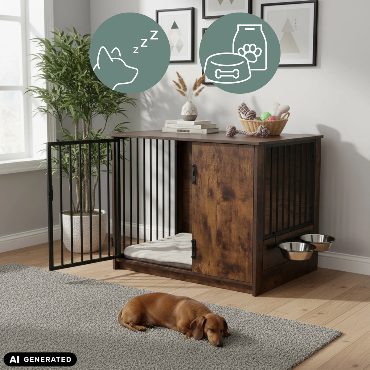Braune Hundebox PAWHOME S mit integrierten Näpfen und Gittertür von hjh LIVING (KI-generiertes Bild)