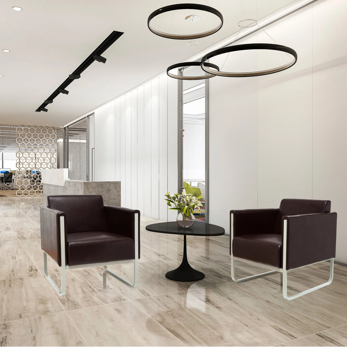 Deux fauteuils rembourrés ARUBA marron avec structures métalliques argentées et une table d'appoint ronde de hjh OFFICE