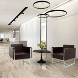 Deux fauteuils rembourrés ARUBA marron avec structures métalliques argentées et une table d'appoint ronde de hjh OFFICE