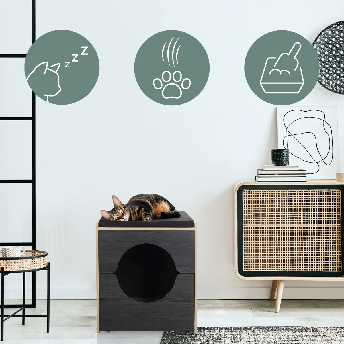 Maison pour chat KITTY PAWBOX 2 en noir et chêne avec un chat qui dort et trois symboles de fonction de hjh LIVING