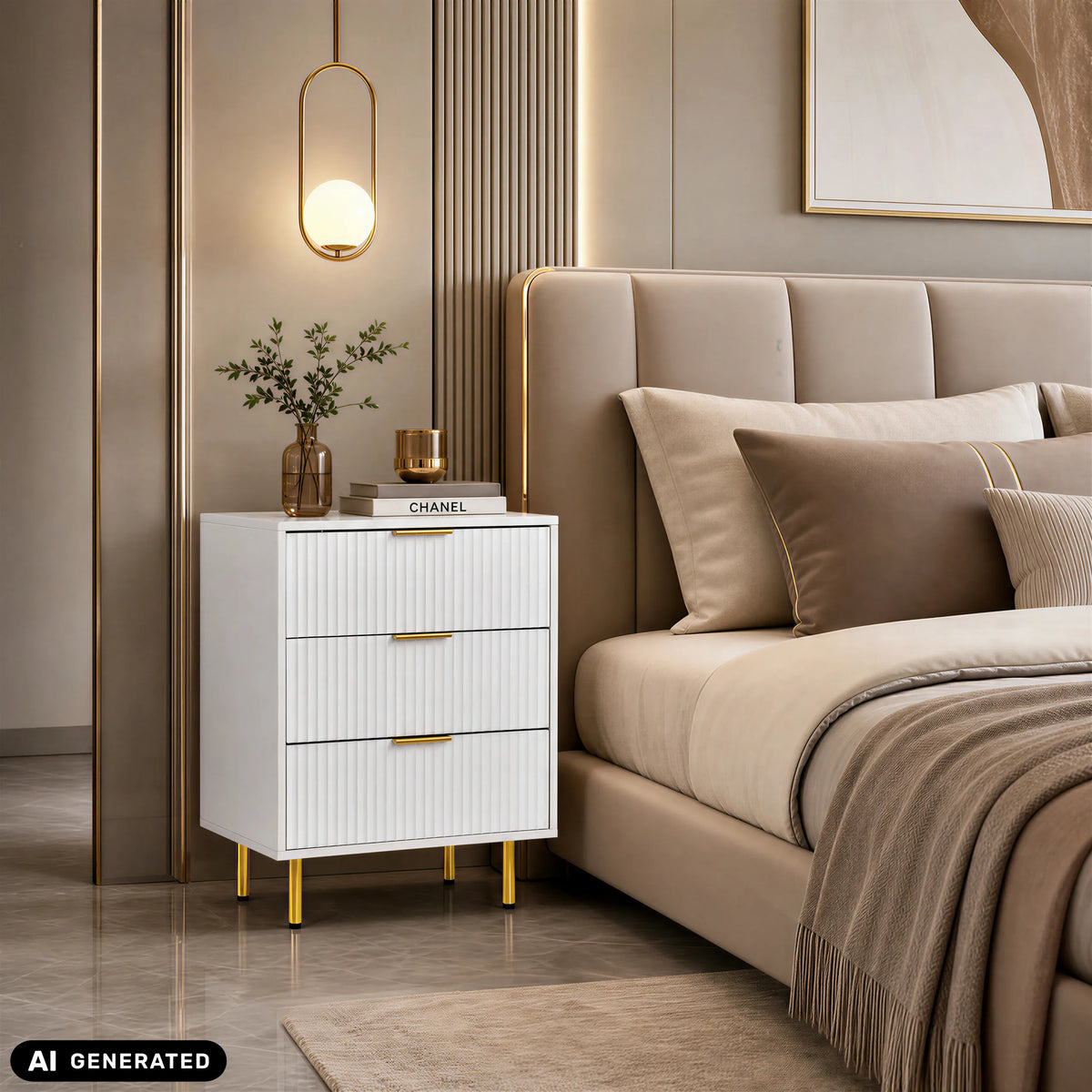Commode blanche Hjelle K avec trois tiroirs et pieds dorés de hjh LIVING (image générée par IA)