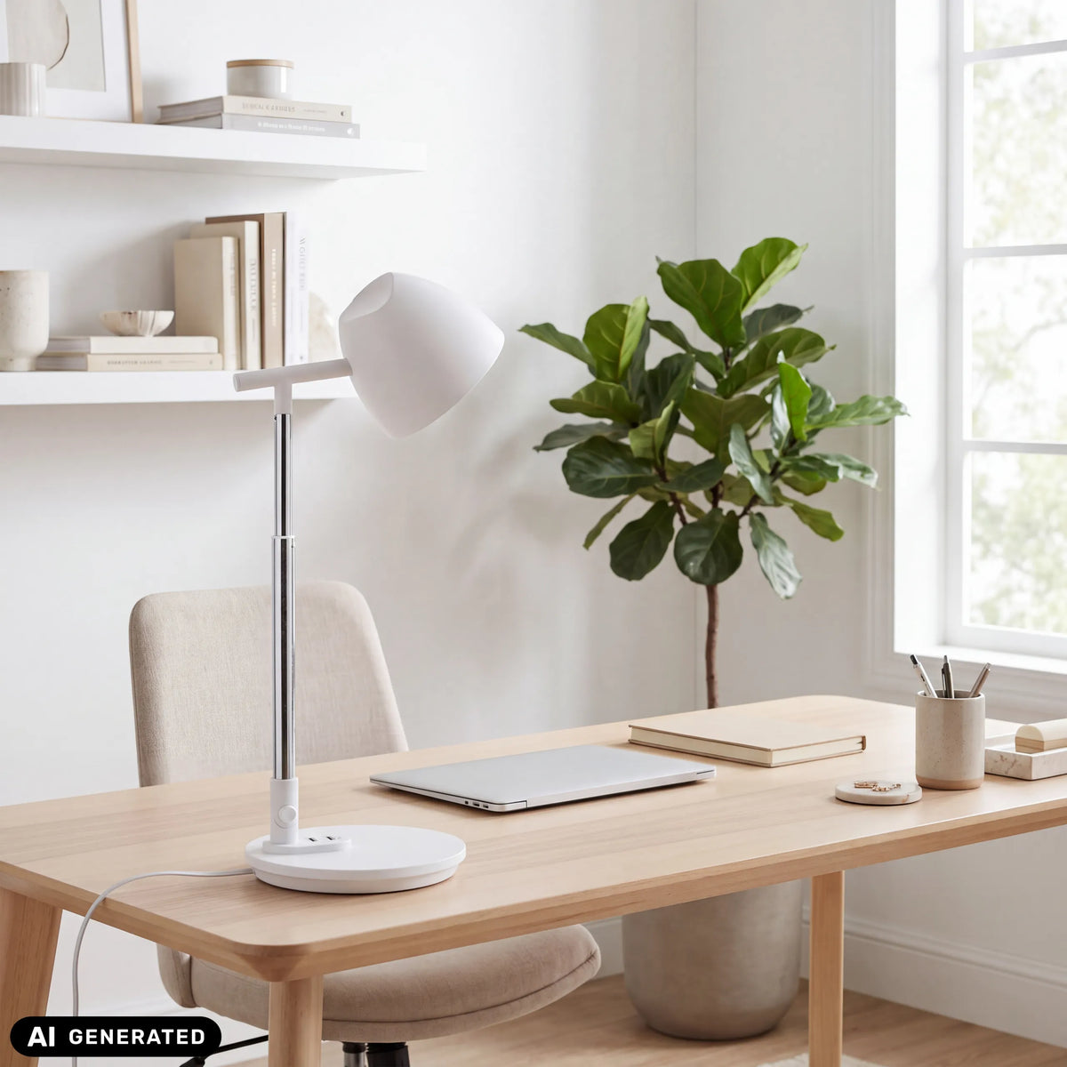 Lampe de bureau Lumanova D3 blanche sur une table en bois clair de hjh OFFICE (image générée par IA)