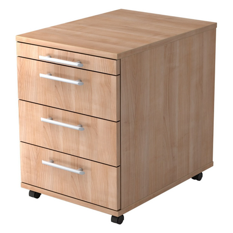 Caisson à roulettes BARI 1606 aspect bois clair avec quatre tiroirs et poignées tubulaires argentées de hjh OFFICE PRO