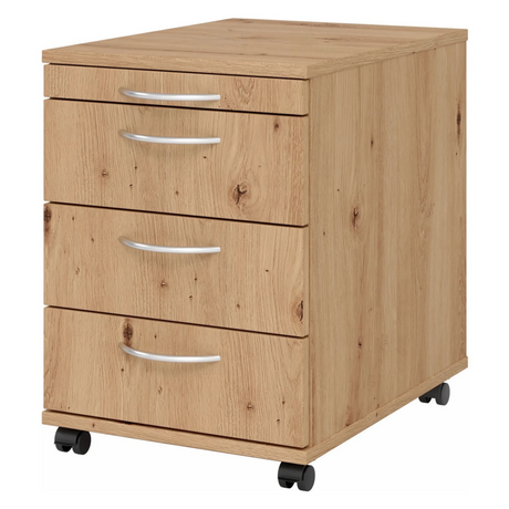 Caisson à roulettes BARI 1606 aspect chêne frêne avec quatre tiroirs et poignées incurvées de hjh OFFICE PRO