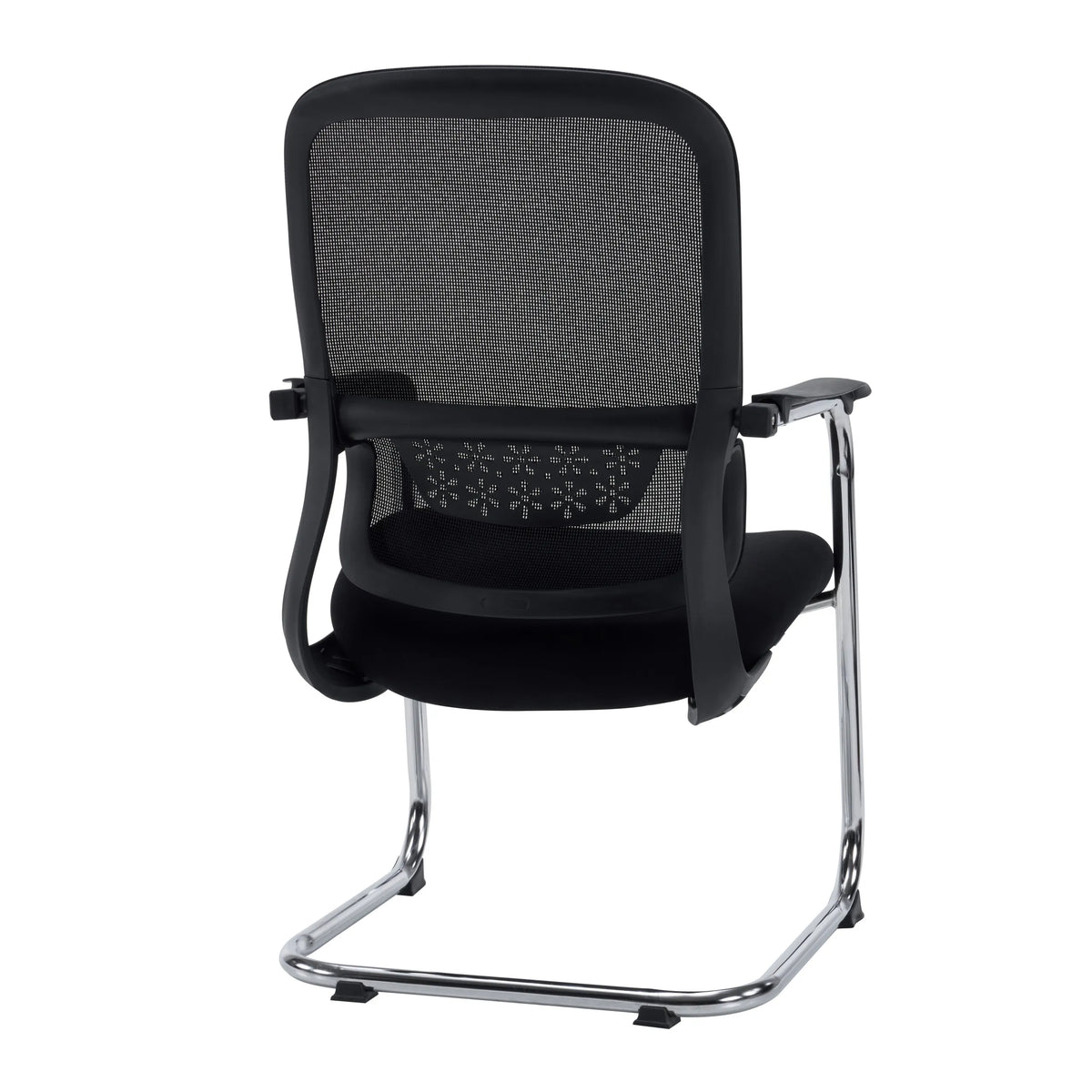 Chaise cantilever Ergomy Meet noire avec dossier en maille, accoudoirs et piétement luge chromé de hjh OFFICE