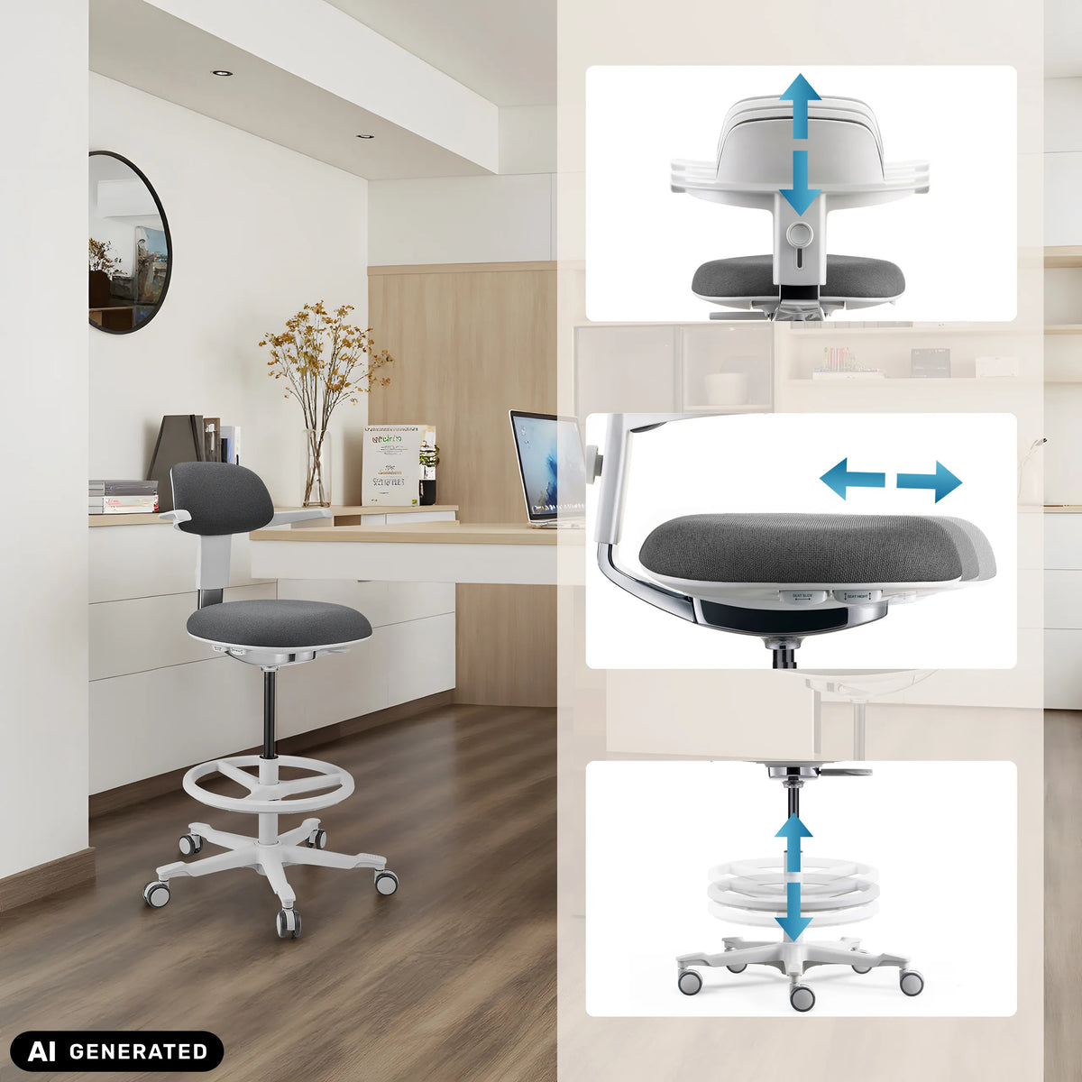 Dossier, assise et hauteur réglables de la chaise de travail TOP WORK 40 W de hjh OFFICE (image générée par IA)