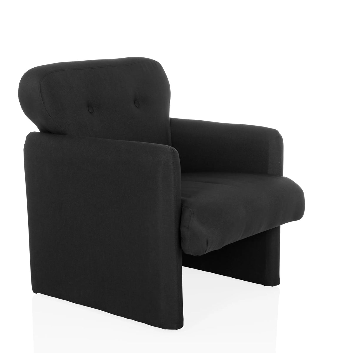 Fauteuil de salon CARIPITO noir avec revêtement en tissu et deux boutons sur le dossier de hjh LIVING – vue à 360° (vue de trois quarts avant 45°)