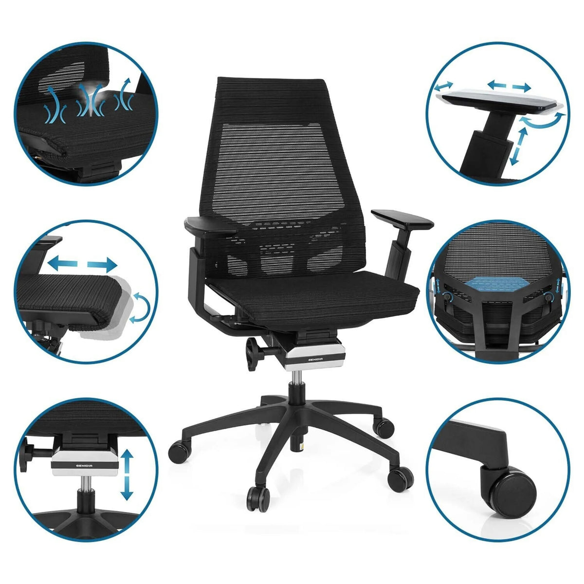 Siège de bureau de qualité professionnelle GENIDIA SMART BLACK noir avec dossier en maille, accoudoirs réglables et roulettes de hjh OFFICE