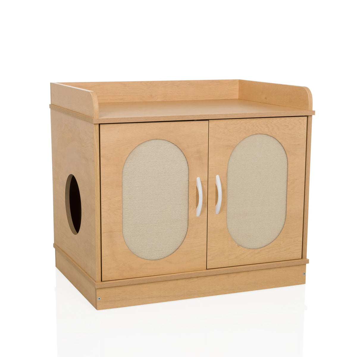 Maison pour chat KITTYHOME 2 couleur hêtre avec deux portes, ouvertures ovales et une étagère de hjh LIVING – vue à 360° (vue de face 15°)
