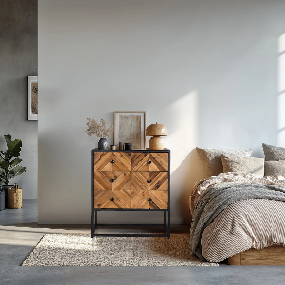 Buffet SANTJAGO BLACK SUN L aspect bois brun foncé avec trois tiroirs et structure en métal noir de hjh LIVING