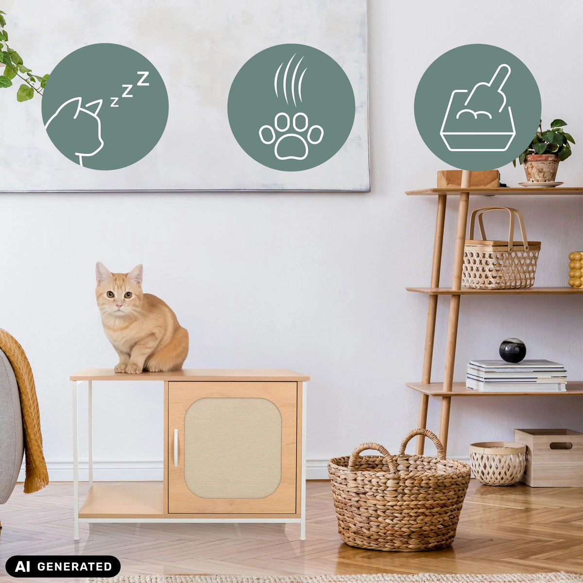 Maison pour chat KITTYHOME 1 en blanc et hêtre avec un chat assis dessus de hjh LIVING (image générée par IA)