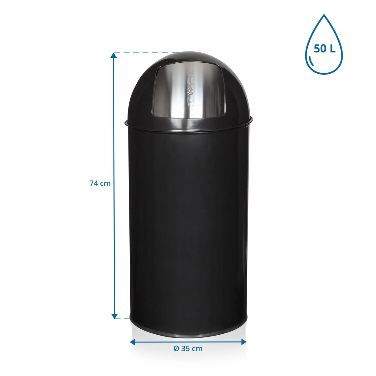 Vue dimensionnelle de la Poubelle PUSH 50L avec une hauteur de 74 cm et un diamètre de 35 cm de hjh OFFICE