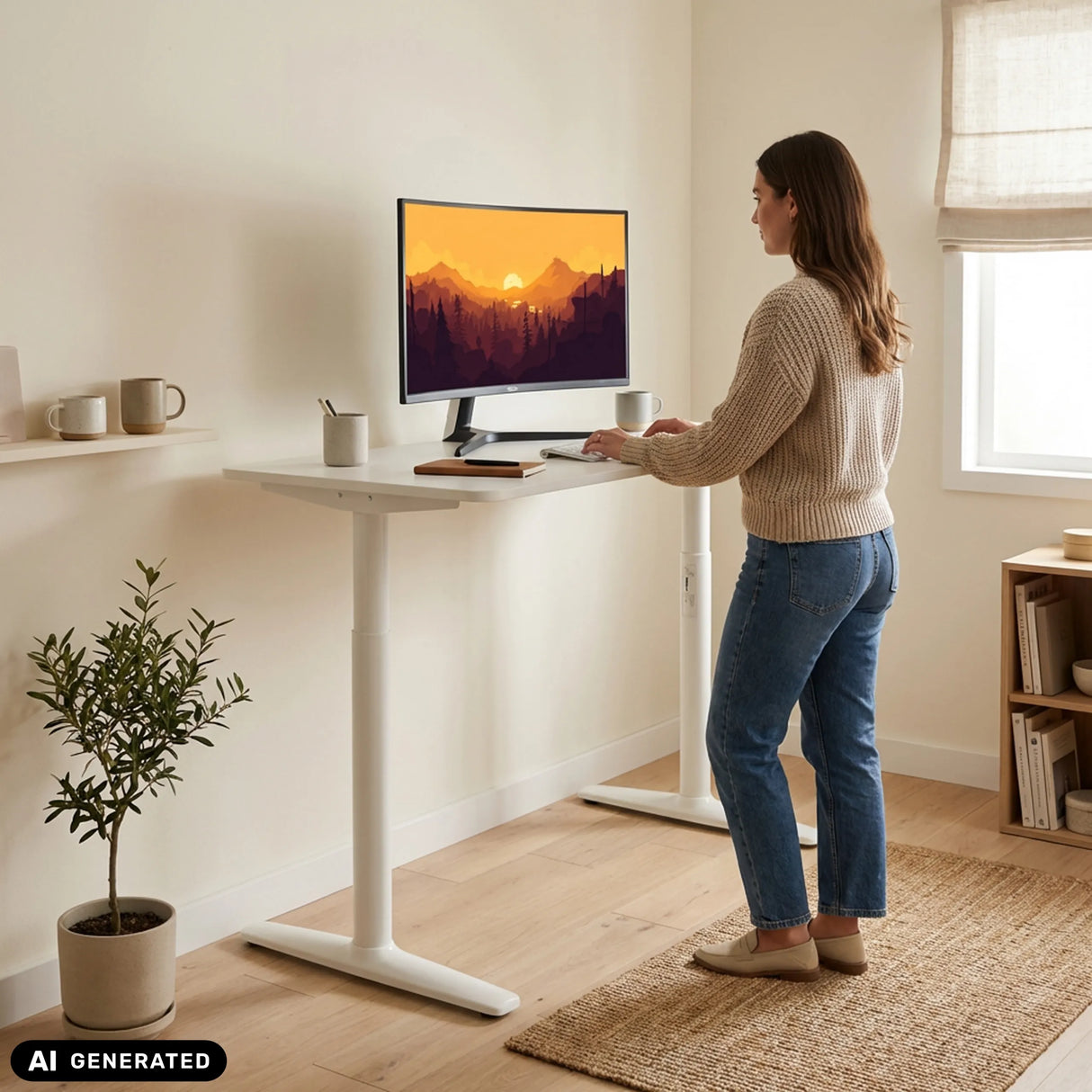 Bureau réglable en hauteur électriquement STAND PRO en blanc avec une personne debout de hjh OFFICE (image générée par IA)