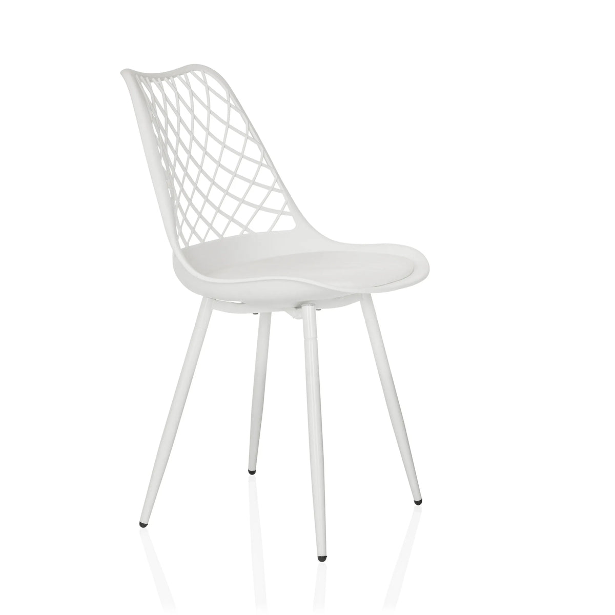 Chaise d'extérieur blanche BEGIO S avec dossier en grille et quatre pieds de hjh LIVING – vue à 360° (vue de trois quarts avant 60°)