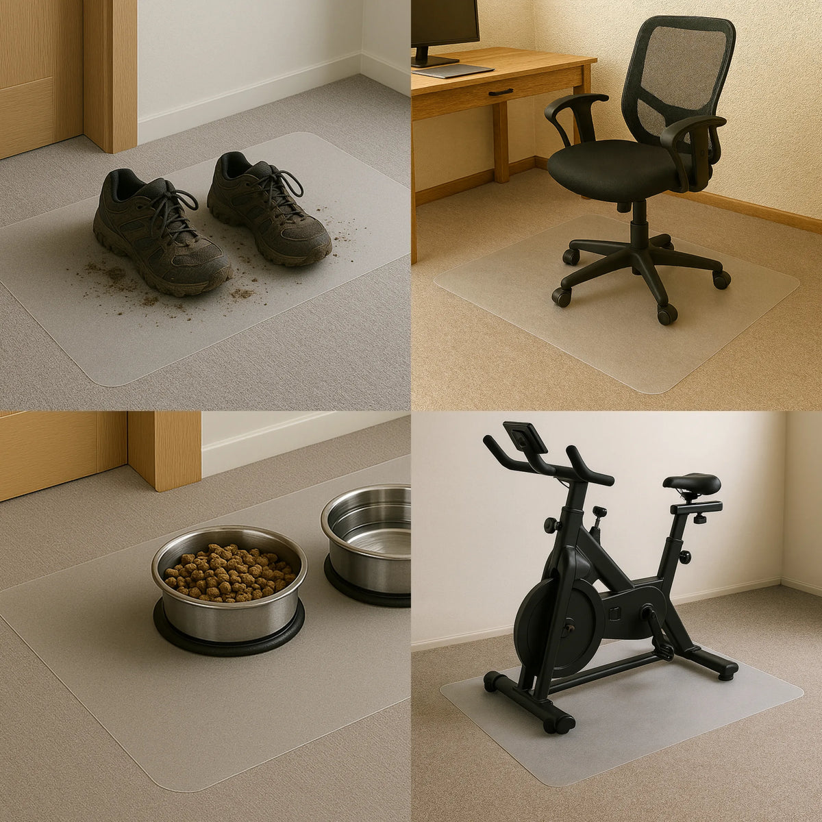 Tapis de sol ULTIMAT II en polycarbonate transparent dans différents scénarios d'utilisation sur moquette de Floortex