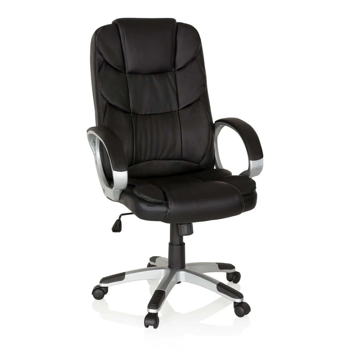 Schwarzer Homeoffice Chefsessel RELAX BY155 mit Armlehnen und Fußkreuz mit fünf Rollen von MyBuero – 360-Grad-Ansicht (Frontansicht 20°)