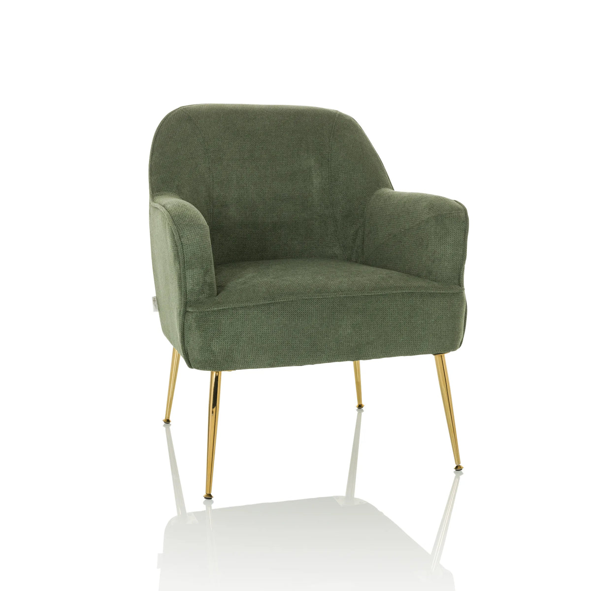 Fauteuil de salon vert THASSOS avec accoudoirs et pieds en métal doré de hjh LIVING – vue à 360° (vue de face 15°)