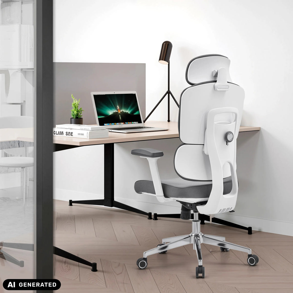 Siège de bureau de qualité professionnelle Ergomy WF 2 en gris avec cadre blanc et appui-tête de hjh OFFICE (image générée par IA)