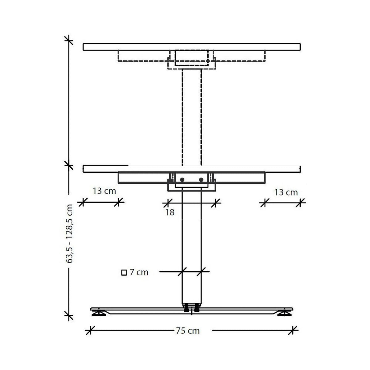 Maßzeichnung des höhenverstellbaren Schreibtisches XDSM 82 S mit einer Höhe von 63,5 bis 128,5 cm von hjh OFFICE PRO