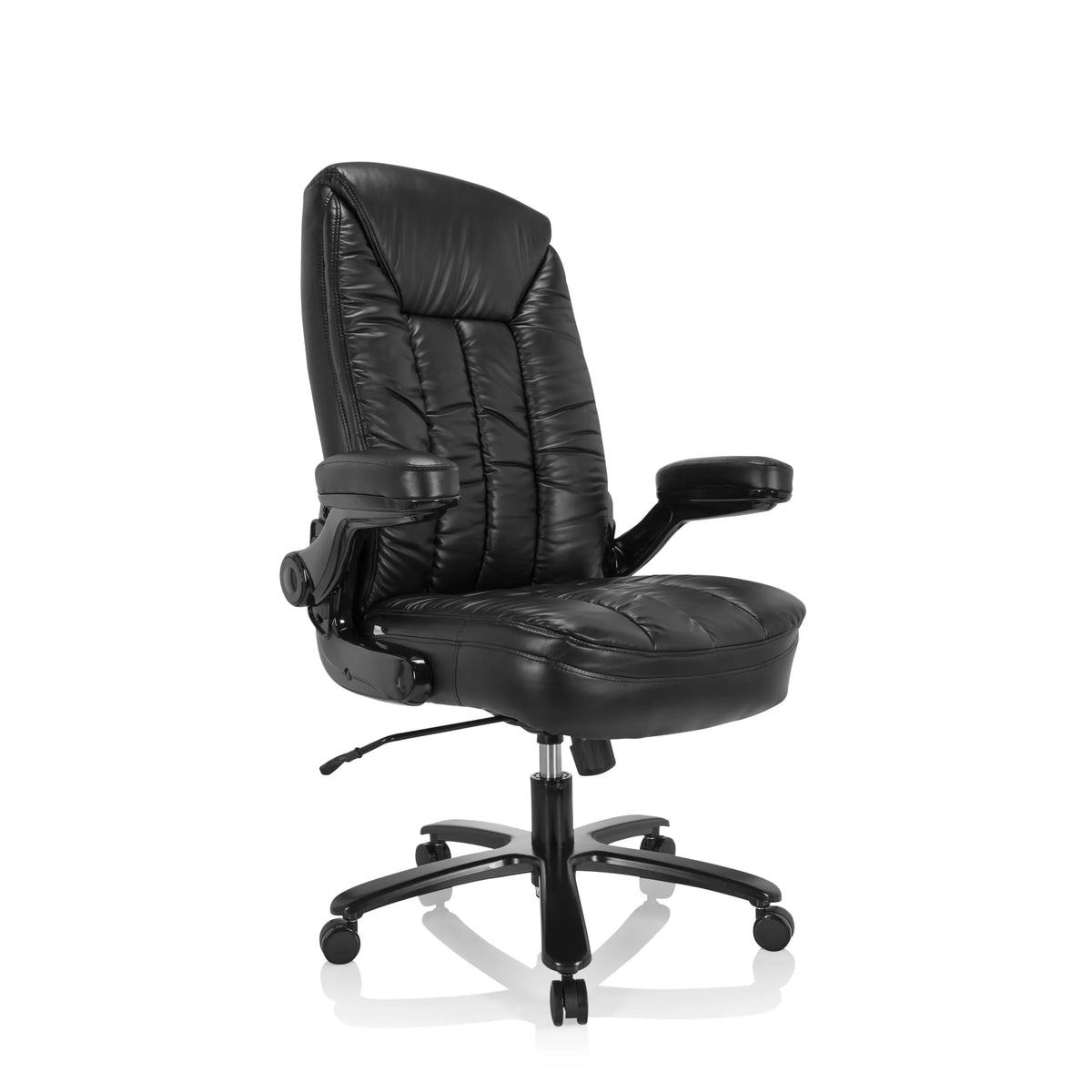 Siège pivotant XXL INSTRUCTOR III noir en similicuir avec pied en étoile et cinq roulettes de hjh OFFICE – vue à 360° (vue de trois quarts avant 40°)