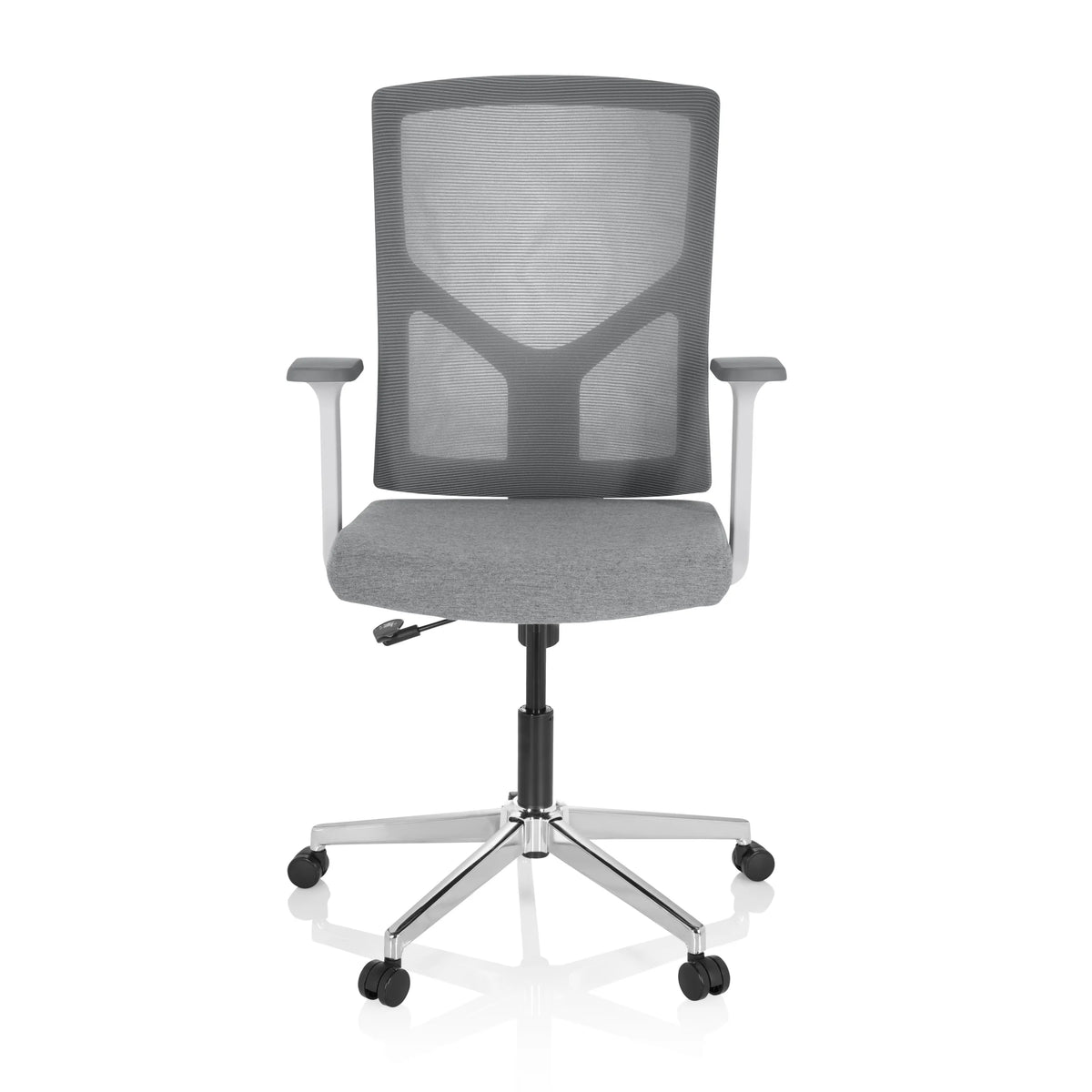 Siège de bureau à domicile BRETON BASE W gris avec dossier en maille et base à cinq roulettes de hjh OFFICE – vue à 360° (vue de face 0°)