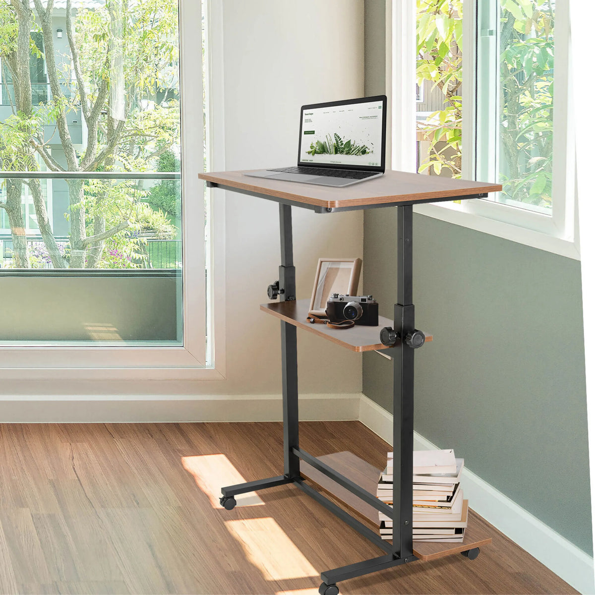 Bureau assis-debout WORKSTATION II en noir et noyer avec deux étagères et roulettes de hjh OFFICE