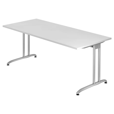 Bureau blanc BELA 19 S avec un plateau rectangulaire et des pieds en métal argenté de hjh OFFICE PRO
