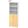 Meuble combiné BETA 9 en blanc et érable avec trois niches ouvertes et un meuble bas à deux portes de hjh OFFICE PRO
