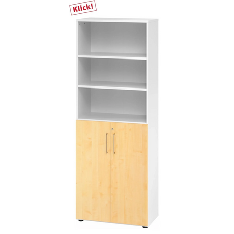 Meuble combiné BETA 9 en blanc et érable avec trois niches ouvertes et un meuble bas à deux portes de hjh OFFICE PRO