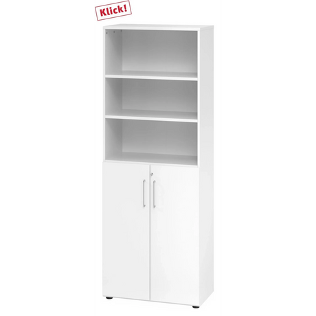Meuble combiné blanc BETA 9 avec trois niches ouvertes et deux portes dans la partie inférieure de hjh OFFICE PRO