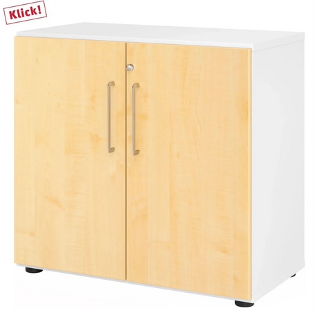 Armoire à deux portes BETA 9 en blanc et érable avec deux poignées argentées de hjh OFFICE PRO
