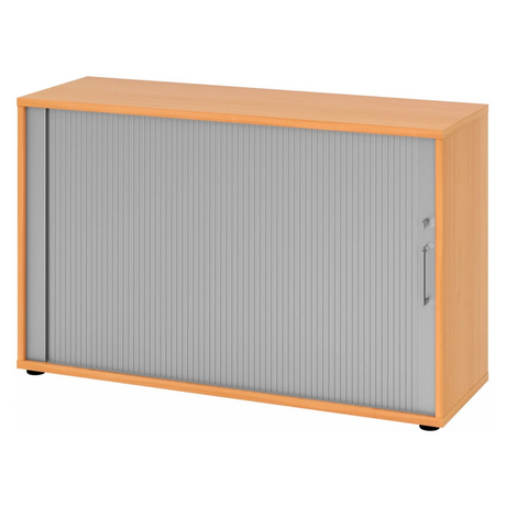 Armoire à rideau BETA R 1732S aspect hêtre avec rideau gris et poignée métallique de hjh OFFICE PRO