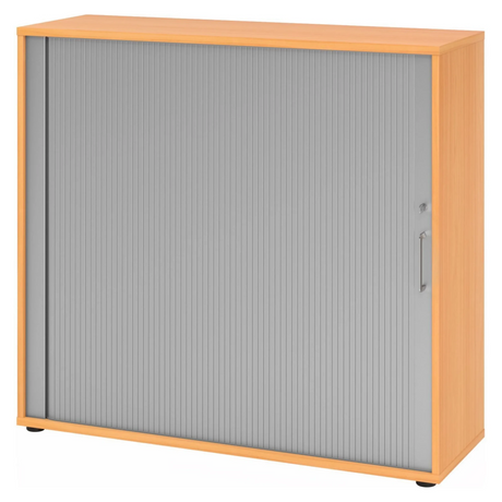 Armoire à rideau BETA R 1733S aspect hêtre avec façade à rideau grise et poignée métallique de hjh OFFICE PRO