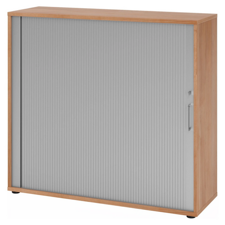 Armoire à rideau BETA R 1733S aspect noyer avec rideau gris et poignée métallique de hjh OFFICE PRO