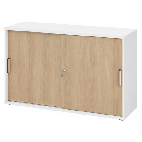 Armoire à portes coulissantes BETA S 1752S en blanc et chêne avec deux portes coulissantes et poignées rayées de hjh OFFICE PRO