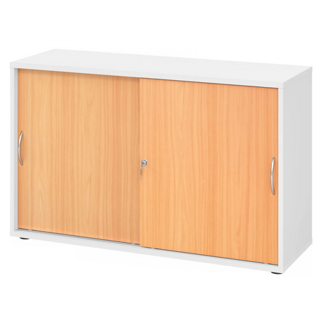 Armoire à portes coulissantes BETA S 1752S en blanc et hêtre avec deux poignées arquées de hjh OFFICE PRO
