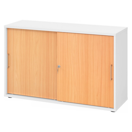 Armoire à portes coulissantes BETA S 1752S en blanc et hêtre avec deux poignées métalliques de hjh OFFICE PRO