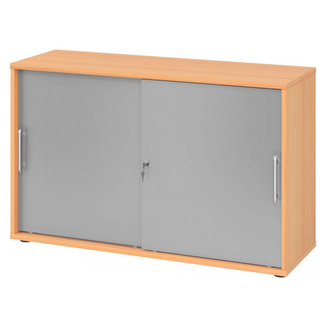 Armoire à portes coulissantes BETA S 1752S en hêtre avec deux portes argentées et poignées rails de hjh OFFICE PRO