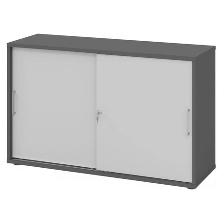 Armoire grise à portes coulissantes BETA S 1752S avec deux façades gris clair et poignées en métal de hjh OFFICE PRO