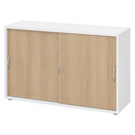 Armoire à portes coulissantes BETA S 1752S en blanc et chêne avec deux poignées incurvées en métal de hjh OFFICE PRO