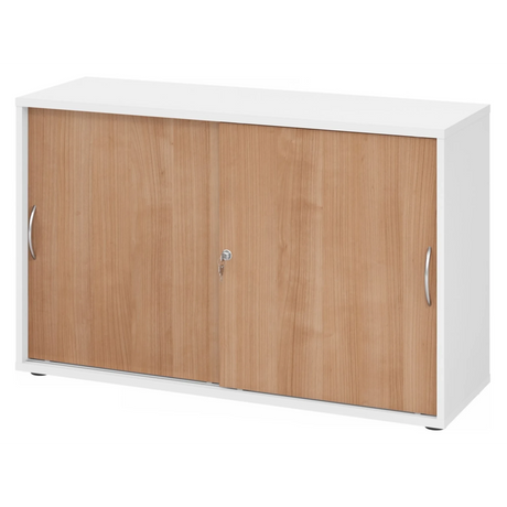 Armoire coulissante BETA S 1752S en blanc et noyer avec poignées incurvées en métal de hjh OFFICE PRO