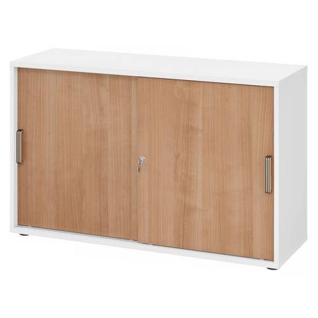 Armoire à portes coulissantes BETA S 1752S en blanc et noyer avec deux poignées bandes métalliques de hjh OFFICE PRO