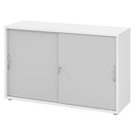 Armoire à portes coulissantes blanche BETA S 1752S avec façades grises, poignées arquées et serrure de hjh OFFICE PRO