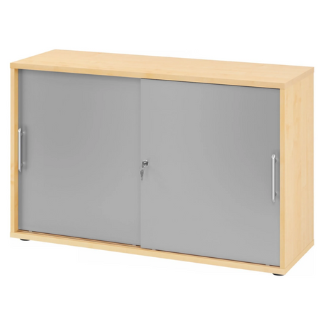 Armoire à portes coulissantes BETA S 1752S aspect érable avec façades argentées et poignées rails de hjh OFFICE PRO