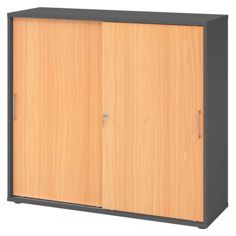 Armoire à portes coulissantes BETA S 1753S en graphite et hêtre avec poignées métalliques de hjh OFFICE PRO