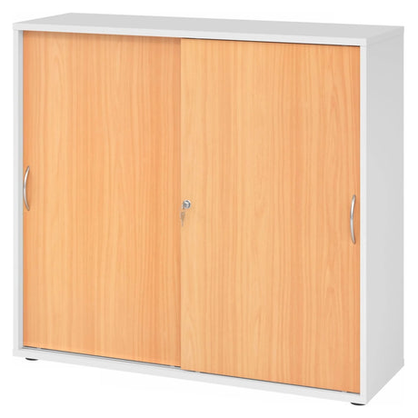 Armoire à portes coulissantes BETA S 1753S en blanc et hêtre avec poignées incurvées en métal de hjh OFFICE PRO