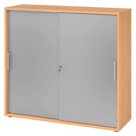 Armoire à portes coulissantes BETA S 1753S effet hêtre avec façades argentées et poignées rails de hjh OFFICE PRO