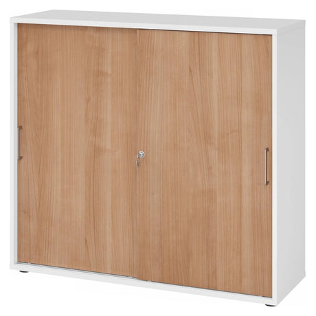 Armoire à portes coulissantes BETA S 1753S en blanc et noyer avec poignées en métal de hjh OFFICE PRO
