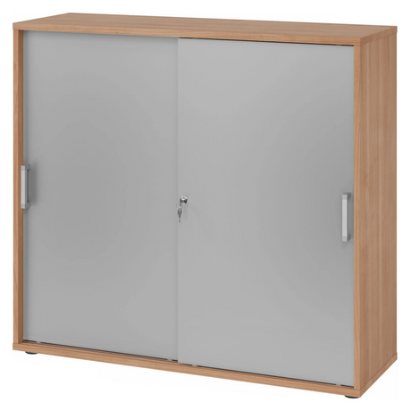 Armoire à portes coulissantes BETA S 1753S aspect noyer avec façades métalliques argentées et poignées chromées de hjh OFFICE PRO
